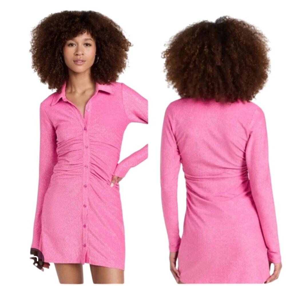 Good American Hot Pink Metallic Sparkle Ruched Stretch Mini Dress sz 2/Med